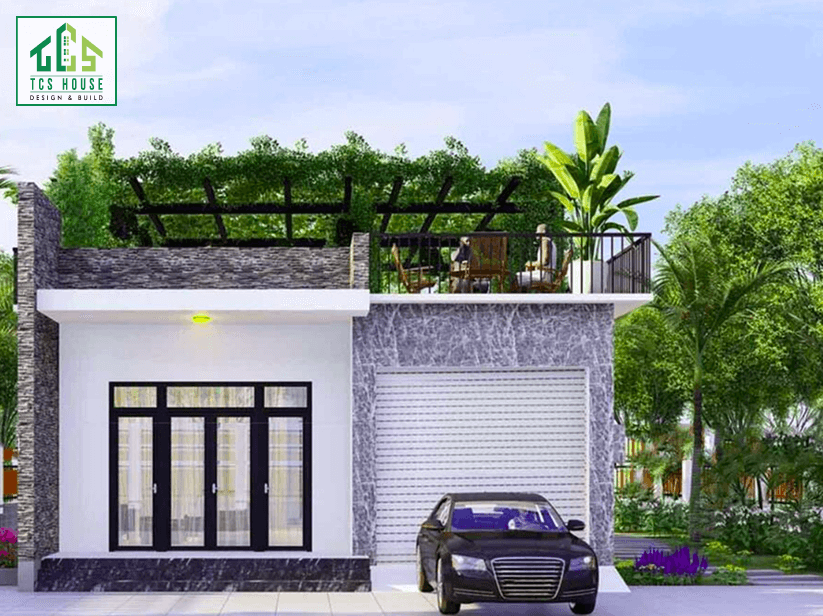 Nhà cấp 4 hiện đại có sân thượng trồng cây xanh