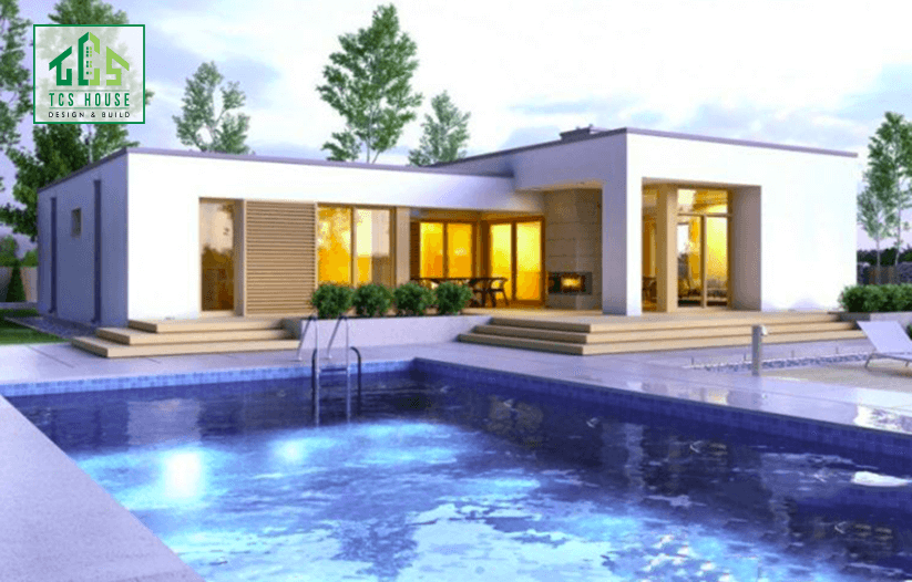 Mẫu nhà cấp 4 đơn giản nhưng hiện đại có hồ bơi