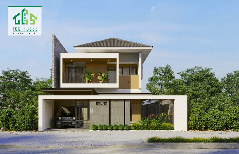 Mẫu thiết kế 2 tầng mái thái có gara ô tô