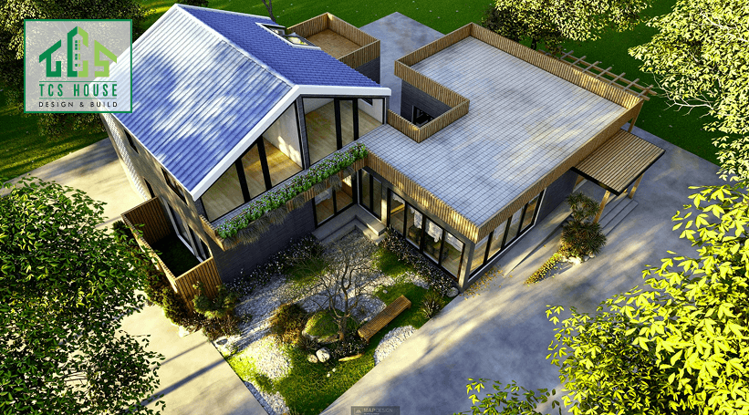 Thiết kế 2 tầng mái thái có sân vườn