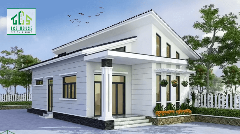 Mẫu 10: Mái lệch kết hợp mặt tiền ốp đá tự nhiên, tạo vẻ đẹp ấn tượng và độc đáo.