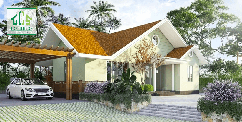 Mẫu 14: Mẫu nhà mái Nhật tầng lửng kết hợp gara ô tô, phù hợp với gia đình đông thành viên.