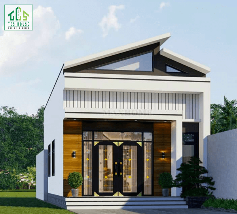 Mẫu 18: Mái lệch kết hợp mặt tiền ốp đá tự nhiên, tạo vẻ đẹp ấn tượng và độc đáo.