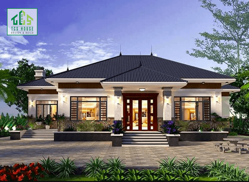 Mẫu 2: Nhà mái Nhật kết hợp sân vườn nhỏ, không gian xanh bao quanh, tạo cảm giác yên bình và gần gũi với thiên nhiên.