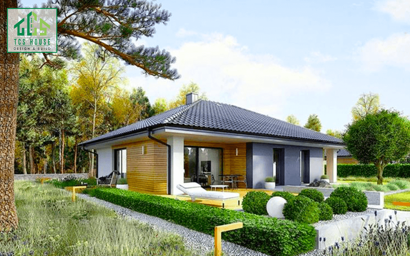 Mẫu 22: Nhà cấp 4 mái Nhật kết hợp sân vườn mini trước nhà, phù hợp với diện tích đất hạn chế.