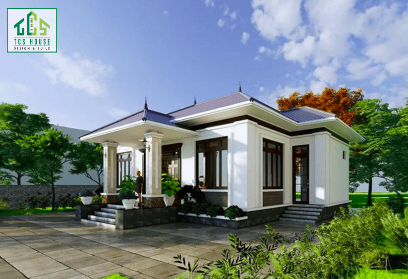 Mẫu 24: Nhà mái Nhật có sân trước rộng, không gian để xe hơi và tiểu cảnh nhỏ.