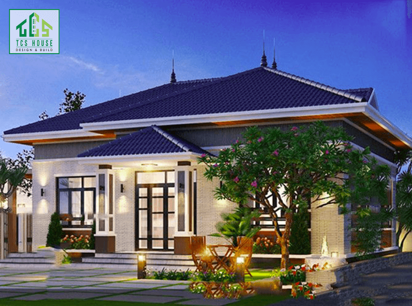 Mẫu 40: Nhà cấp 4 mái Nhật kết hợp tiểu cảnh sân vườn.