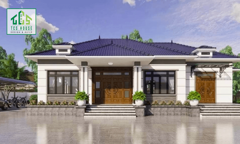Mẫu 6: Nhà mái Nhật tân cổ điển với các chi tiết hoa văn tinh xảo, tông màu kem nhạt thanh lịch.