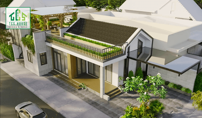Mẫu 8: Mẫu nhà mái Nhật tầng lửng kết hợp gara ô tô, phù hợp với gia đình đông thành viên.