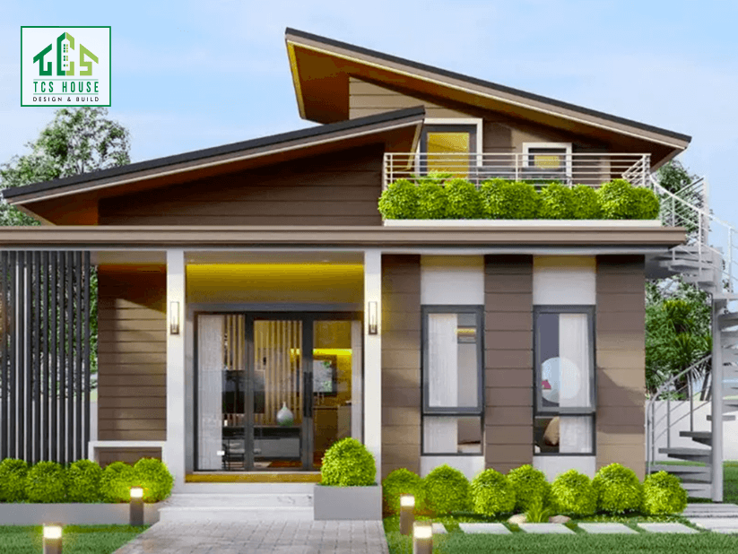 Mẫu 9: Nhà mái Nhật lệch với thiết kế sáng tạo, tạo điểm nhấn độc đáo và hiện đại.