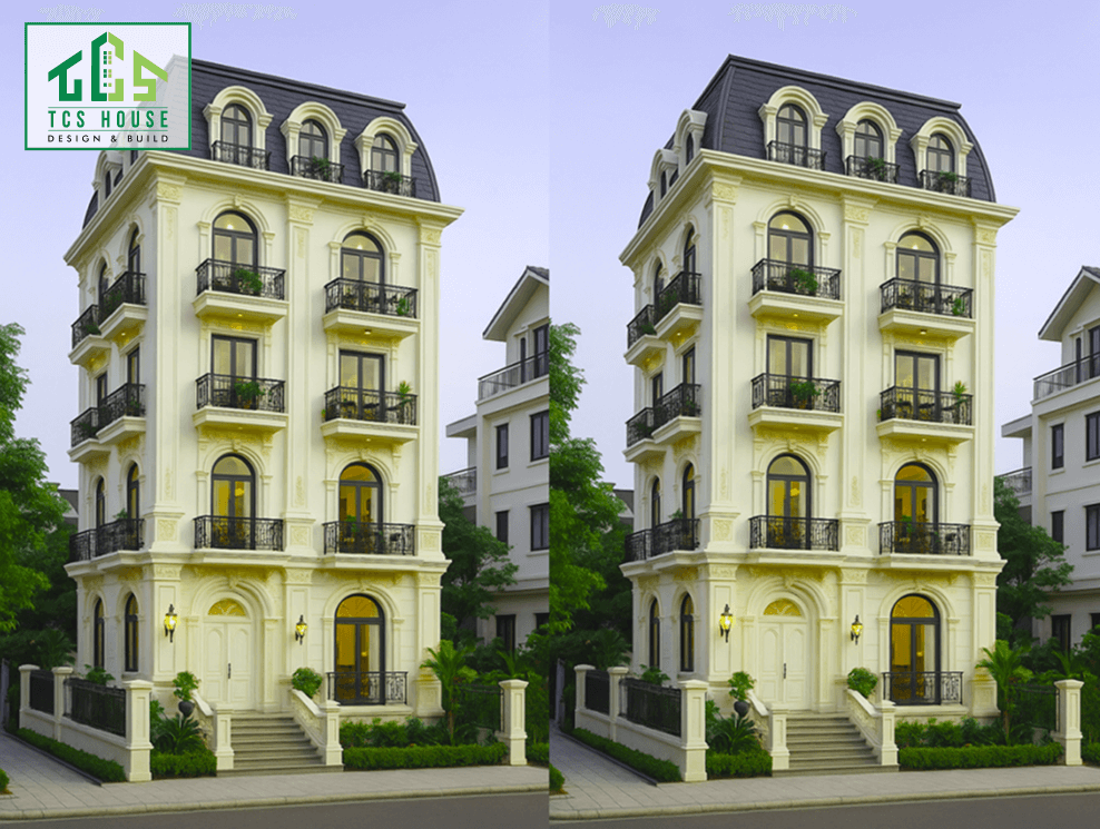 Biệt thự 4 tầng mái Mansard nội thất gỗ cao cấp