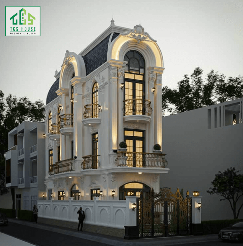 Biệt thự 4 tầng tân cổ điển mái ngói đỏ truyền thống