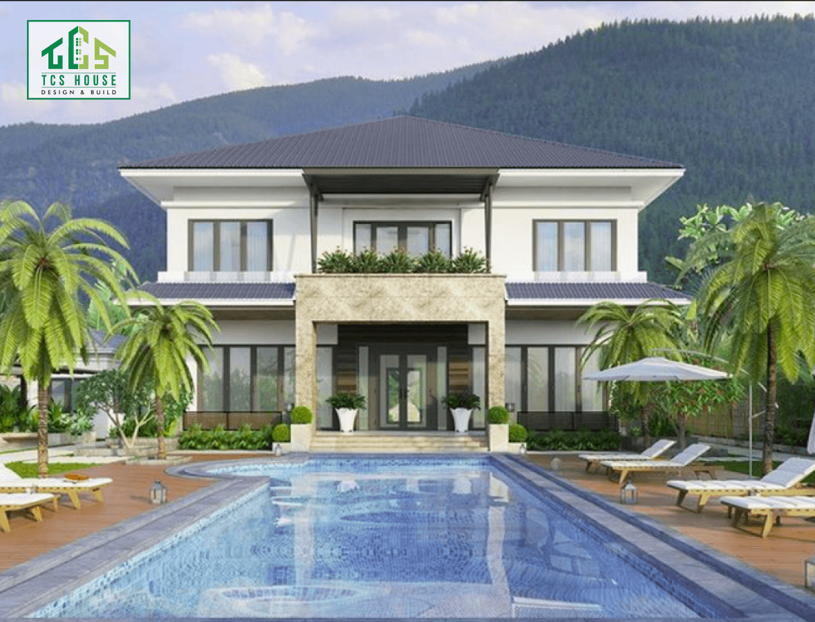 Nhà vườn mái thái kết hợp hồ bơi vô cực