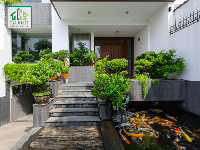 Mẫu nhà cấp 4 gác lửng sân vườn có hồ cá