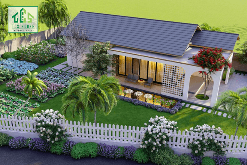 Mẫu nhà cấp 4 gác lửng sân vườn kết hợp tiểu cảnh