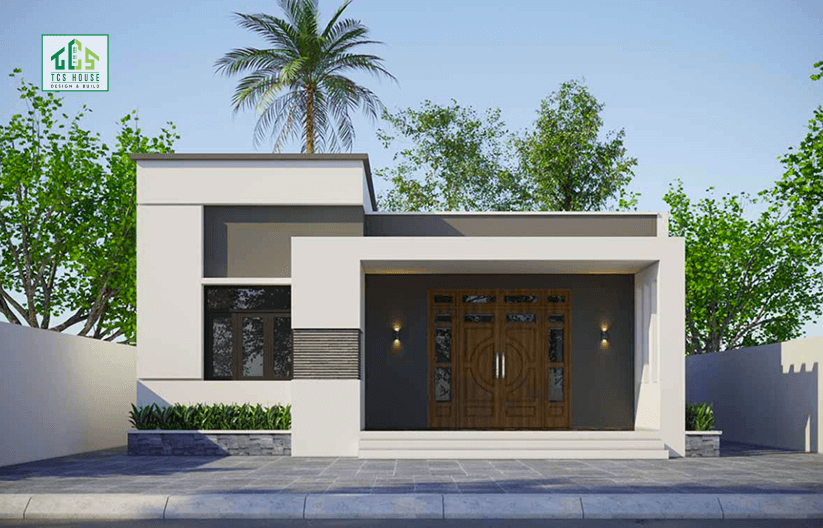 Mẫu nhà cấp 4 mái bằng cửa gỗ