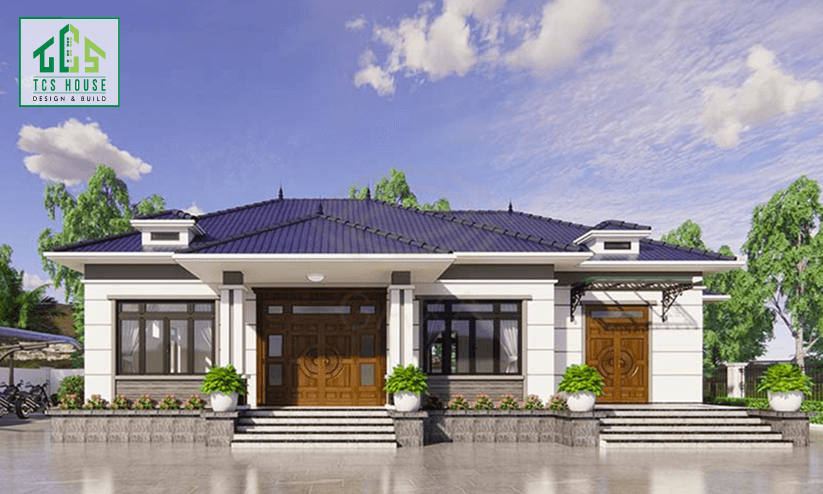 Mẫu 49: Nhà cấp 4 mái Thái Tây Nguyên, có hiên rộng.