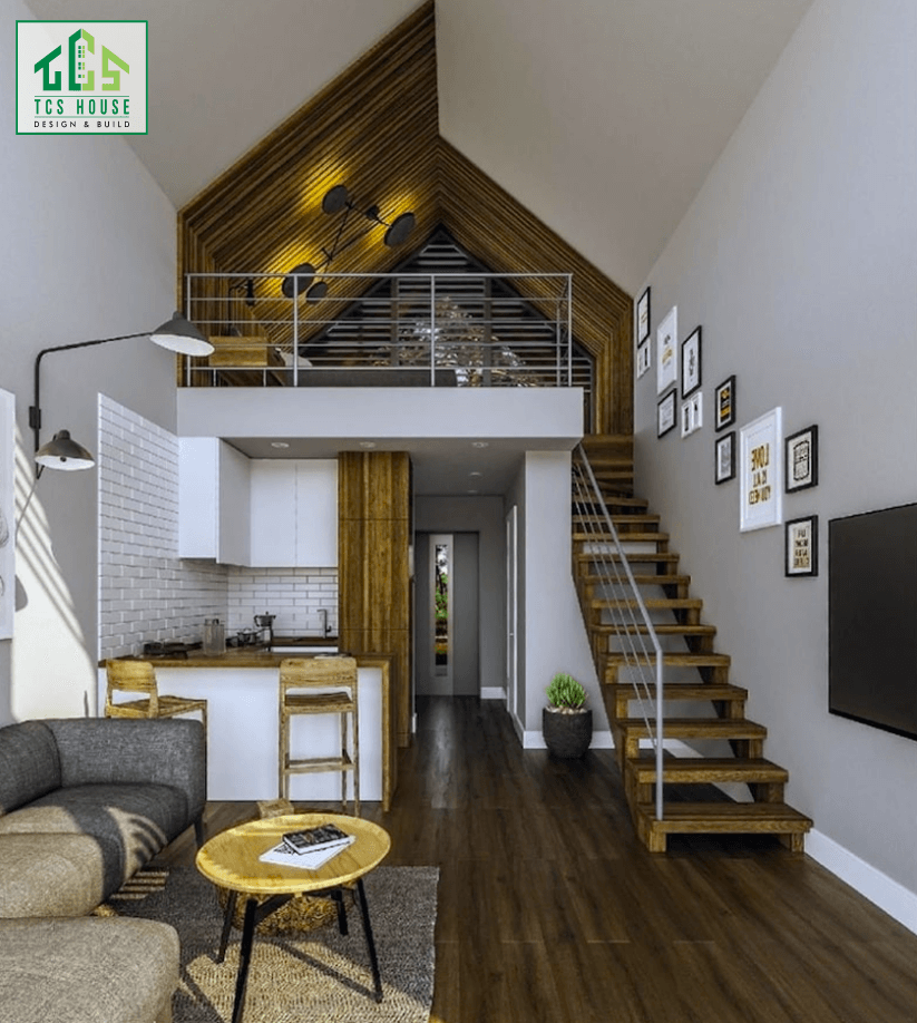 Mẫu nhà cấp 4 gác lửng với nội thất gỗ cao cấp