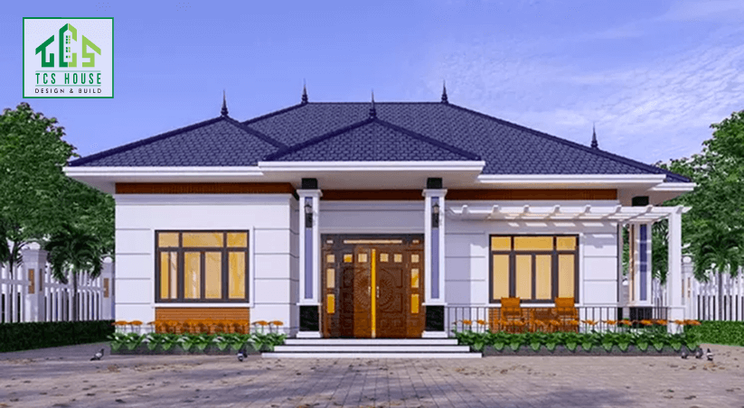 Mẫu 5: Nhà cấp 4 mái Thái kết hợp gỗ và kính.
