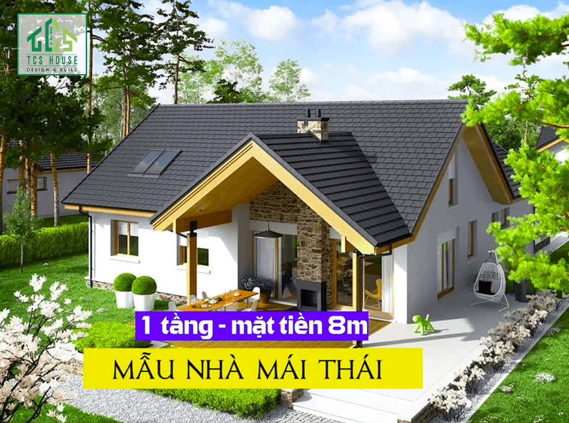 Mẫu 4: Nhà mái Thái mặt tiền 8m, phong cách hiện đại.