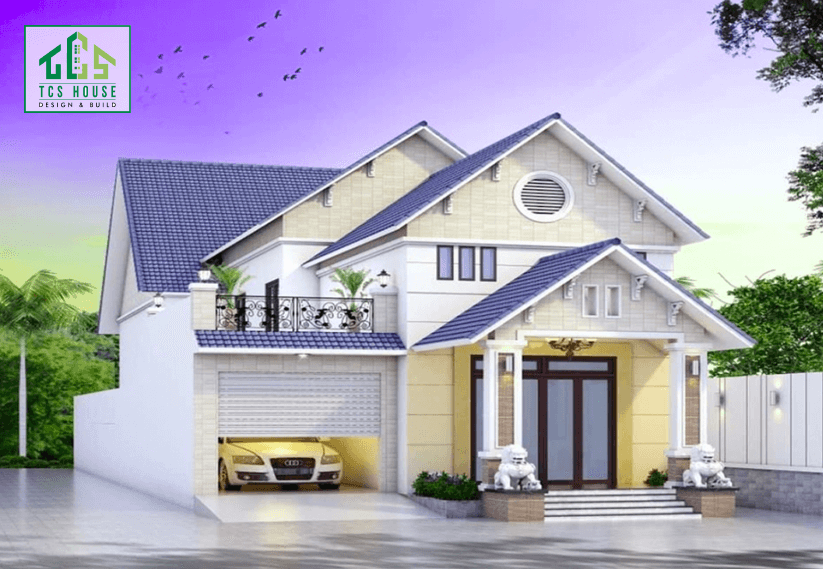 Nhà cấp 4 mái thái có gara ô tô kết hợp sân thượng