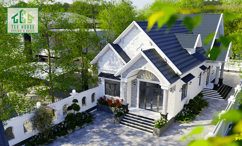 Nhà cấp 4 mái thái kết hợp gara và khu vực tiểu cảnh