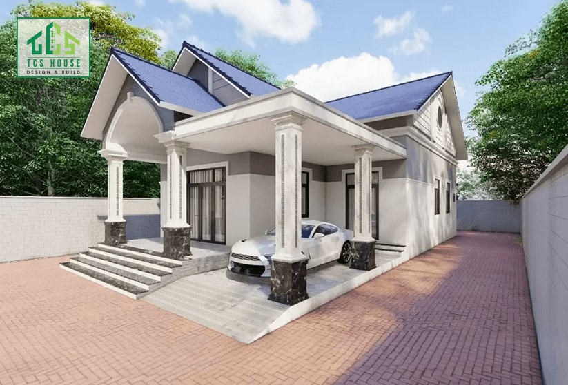Mẫu nhà cấp 4 mái thái với gara ô tô phong cách tối giản