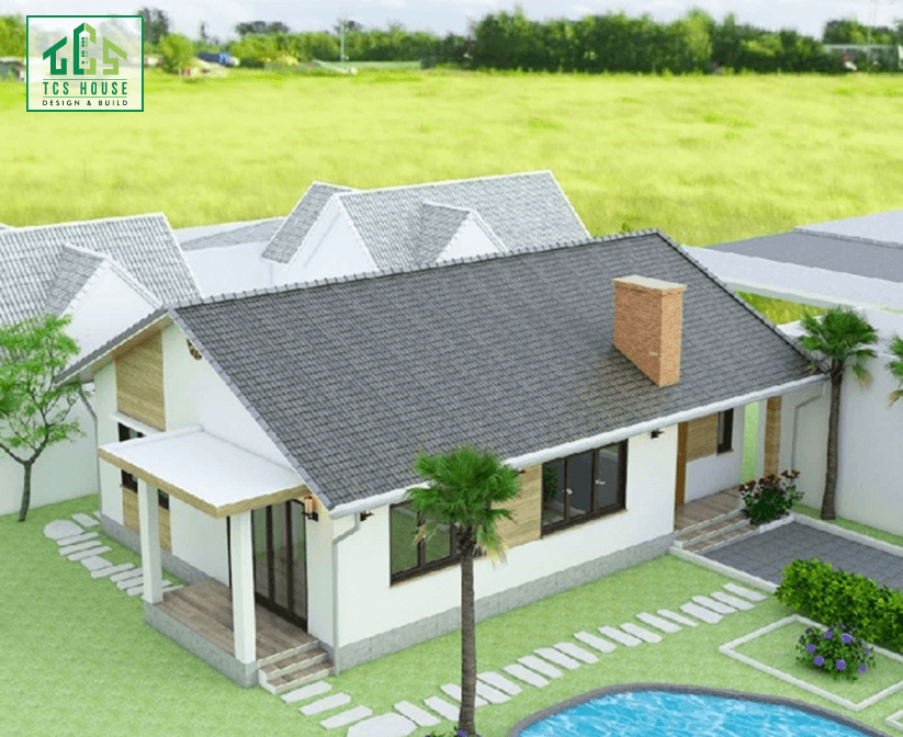 Mẫu nhà cấp 4 mái thái có gara và hồ bơi