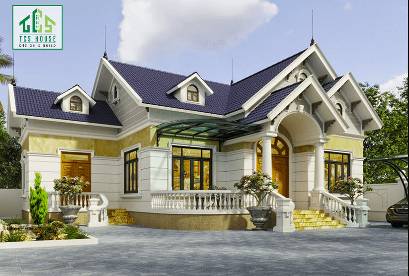 Mẫu 9: Nhà cấp 4 mái Thái kiểu biệt thự tân cổ điển.