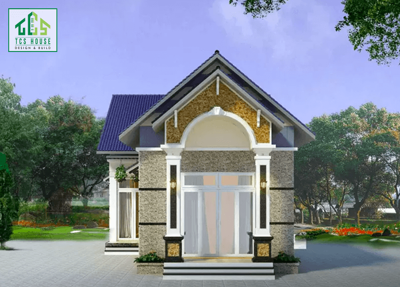 Mẫu 34: Nhà mái Thái có sân nhỏ trước nhà, trang trí tối giản.