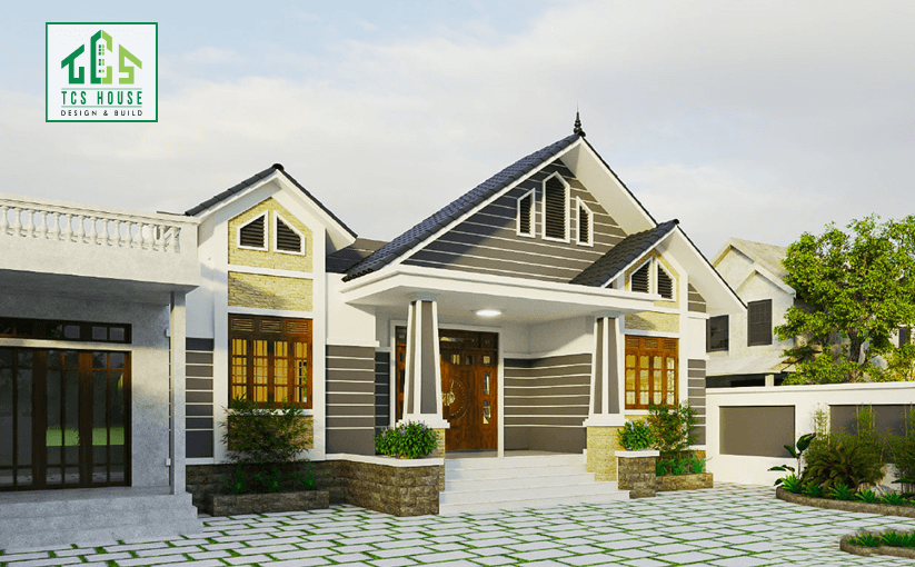 Mẫu 40: Nhà cấp 4 mái Thái với bể bơi trong nhà, hiện đại.