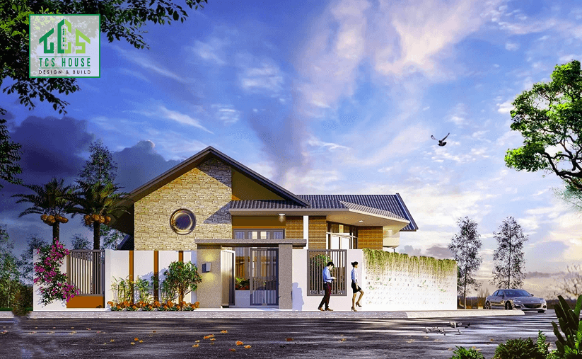 Mẫu 38: Nhà cấp 4 mái Thái phong cách resort có hồ bơi rộng.