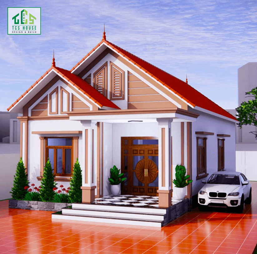 Mẫu nhà cấp 4 mái thái có gara ô tô phong cách Địa Trung Hải