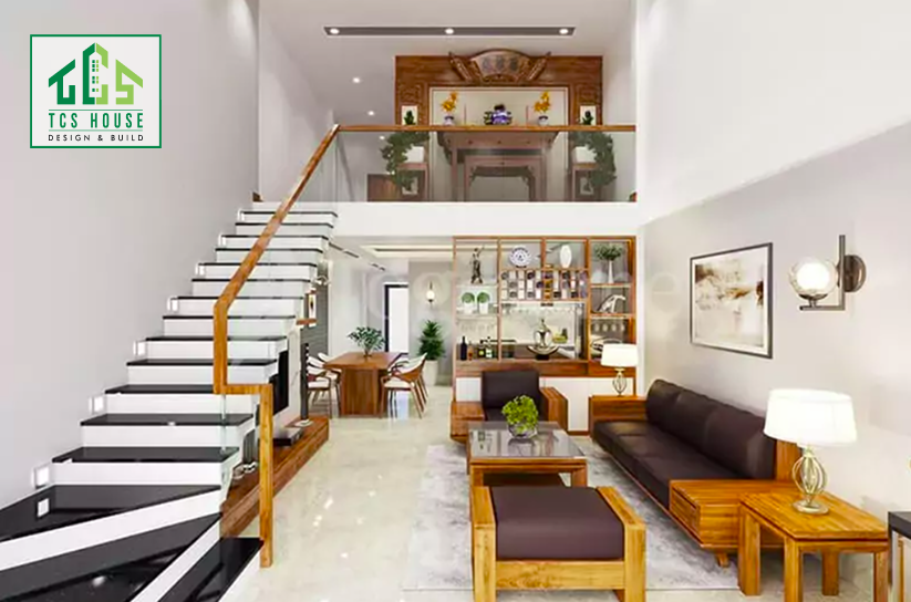 Nhà cấp 4 có gác lửng với nội thất gỗ