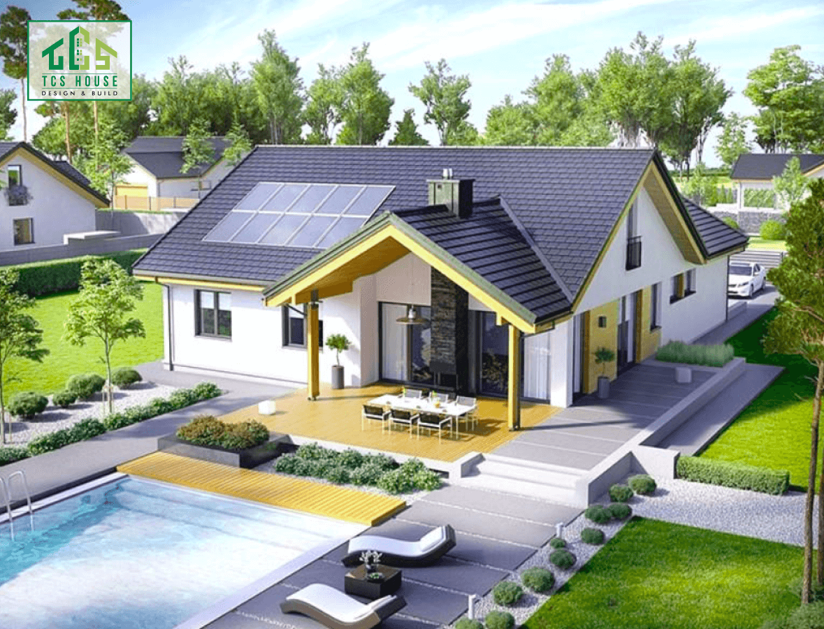 Nhà vườn mái thái 1 tầng có hồ bơi mini