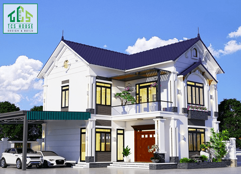 Thiết kế nhà vườn mái thái chữ L 2 tầng