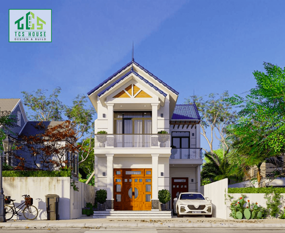 Nhà vườn mái thái 2 tầng kết hợp mái hiên gỗ truyền thống