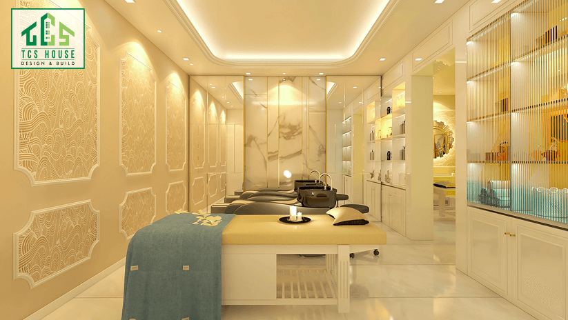 Mẫu spa với thiết kế nội thất kim loại sáng bóng