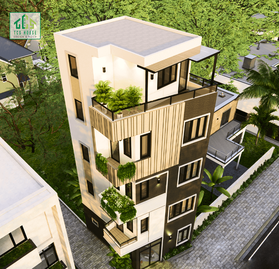 Mẫu nhà phố 5 tầng với hệ thống giếng trời