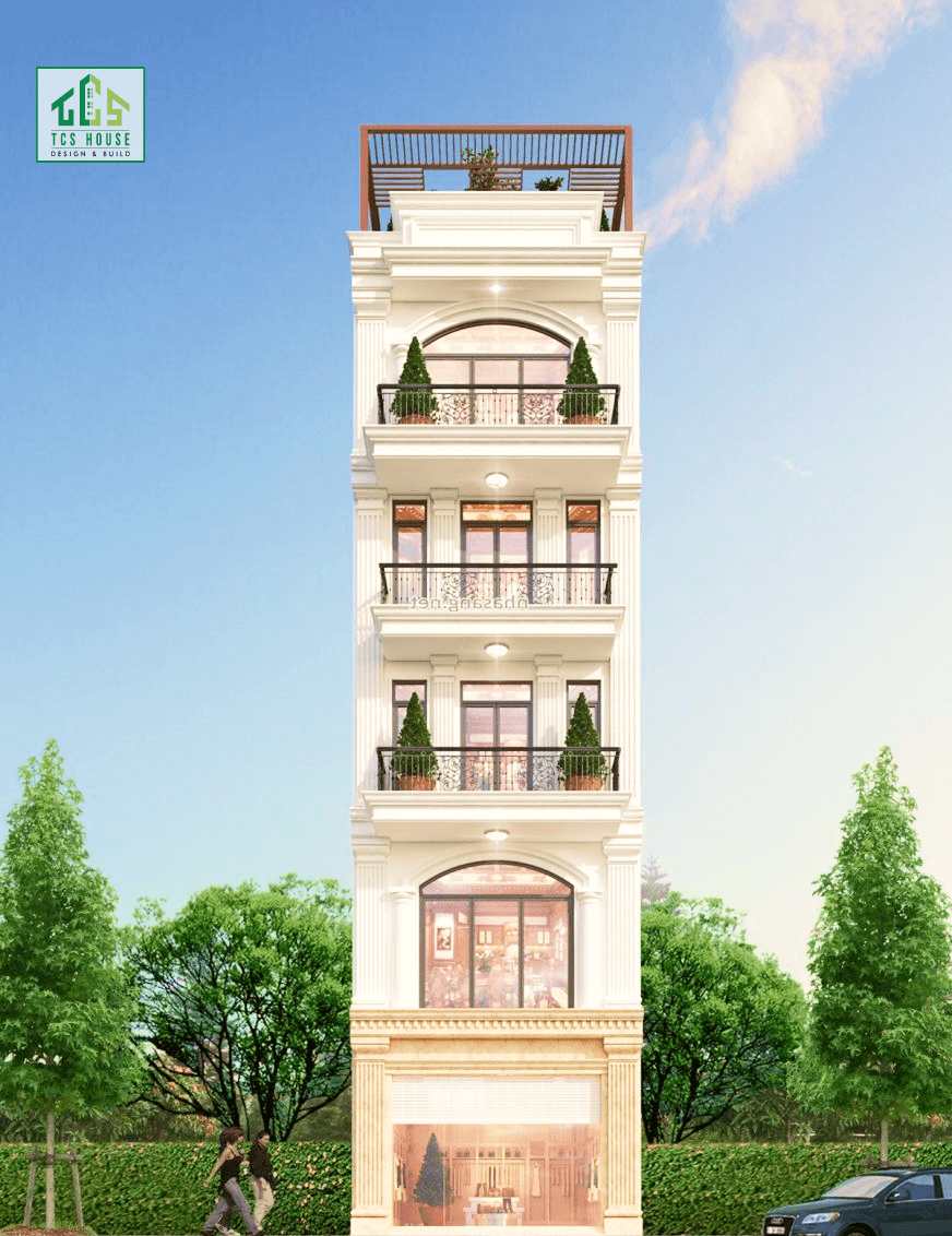 Mẫu thiết kế nhà phố 5 tầng có cửa sổ lớn