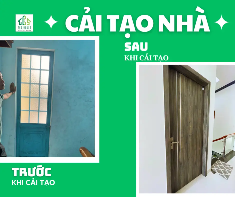Dịch vụ cải tạo sửa chữa nhà ở Tam Kỳ - Hạng mục thay cửa sắt kính thành cửa gỗ ép hiện đại sang trọng.