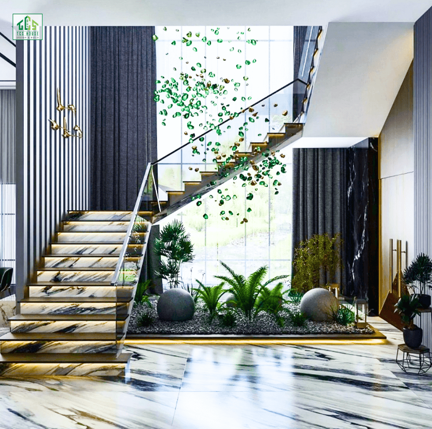 Cầu thang kết hợp tiểu cảnh xanh