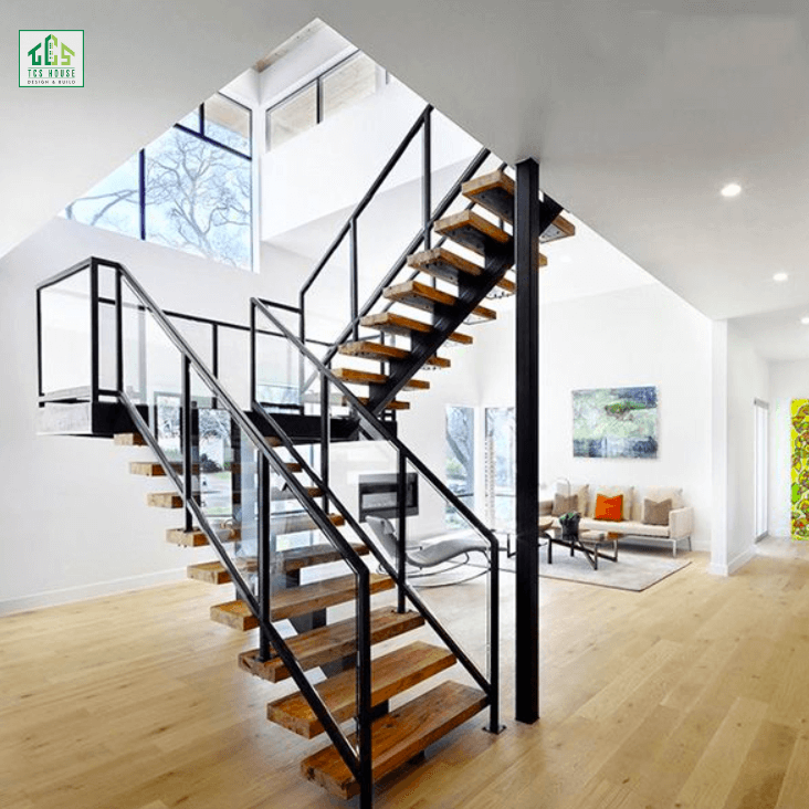 Cầu thang thép kết hợp mặt gỗ