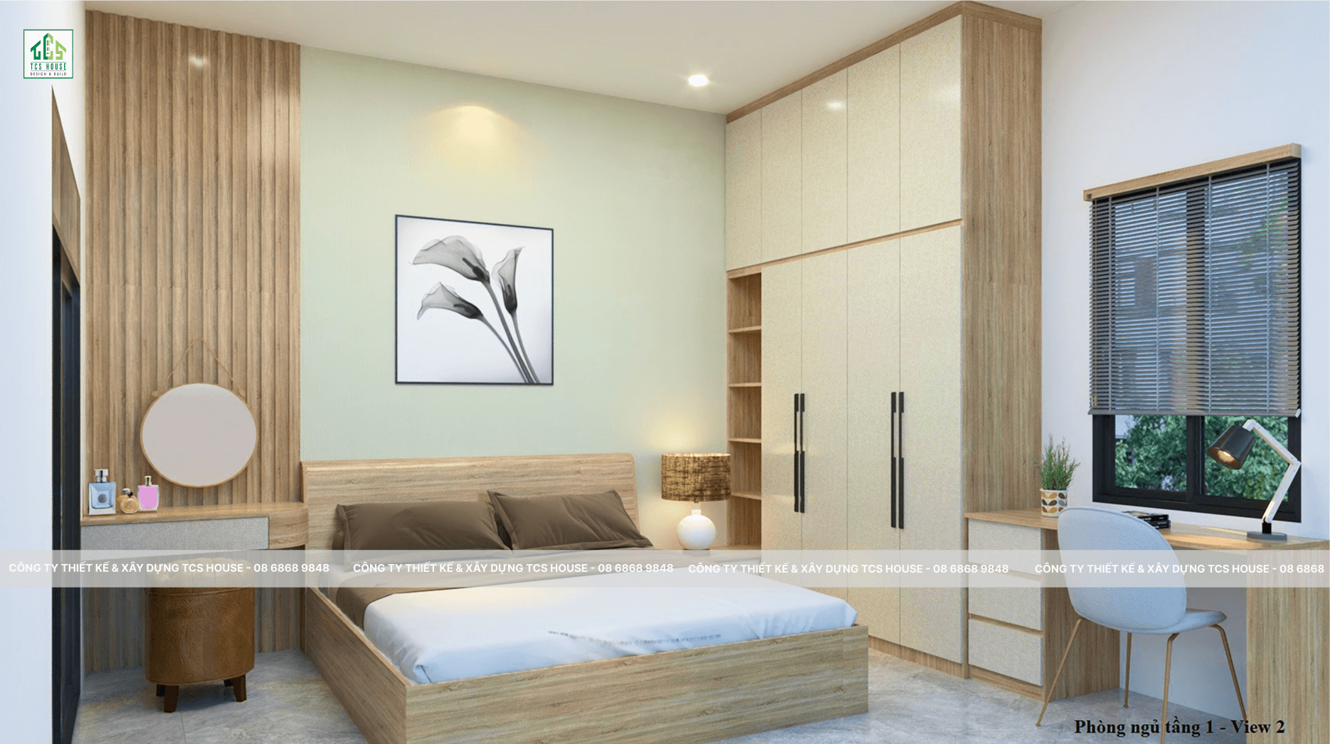 Phòng ngủ thiết kế tiện nghi. Gam màu nhẹ nhàng đơn giản nhưng hiện đại.