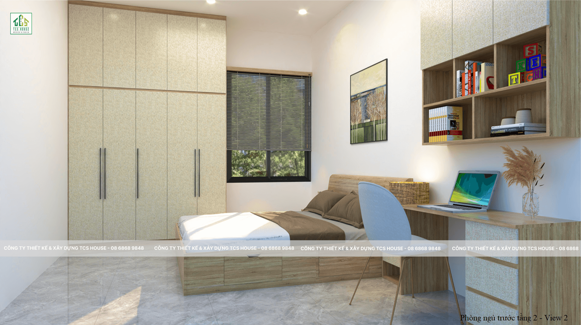 Phòng ngủ kết hợp bàn học và nội thất tiện nghi.