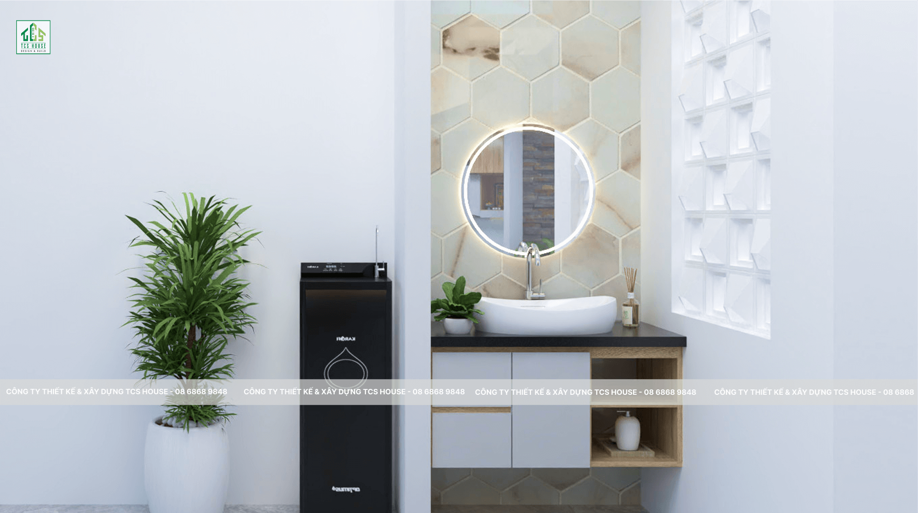 Thiết kế nhà vệ sinh hiện đại. Có kính, bồn tròn và tủ đựng tiện nghi. Trang trí cây xanh thải độc.