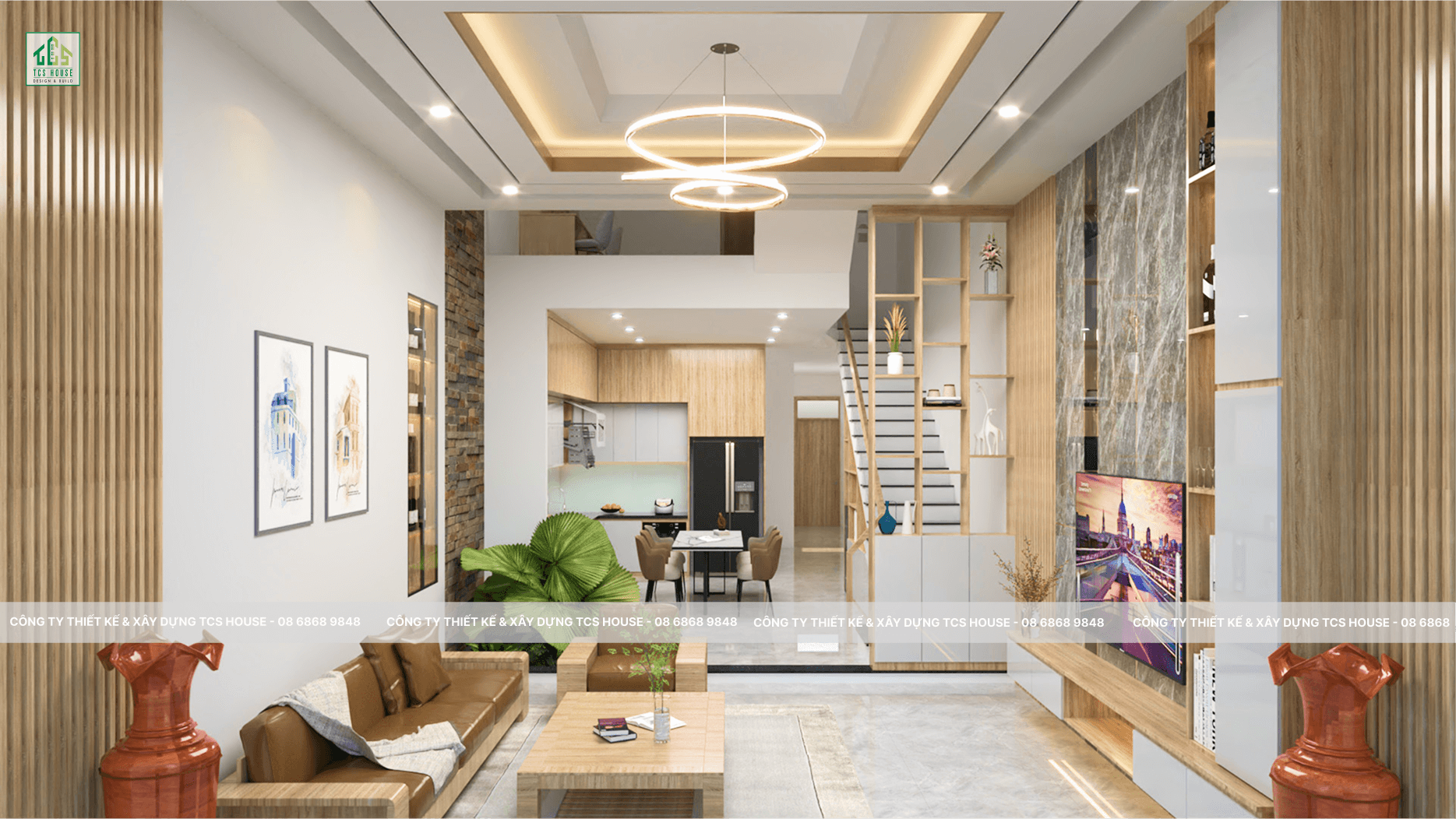 Nội thất phòng khách nhà phố 2 tầng 5x28m góc nhìn từ phía trước. Nhìn không gian mở với khui vực bếp.